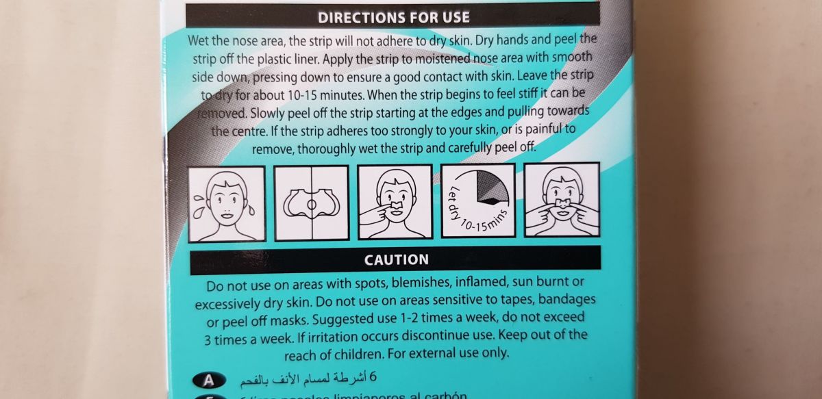 The instructions on the packaging of the Beauty Formulas Purifying Charcoal Cleansing Nose Pore Strips