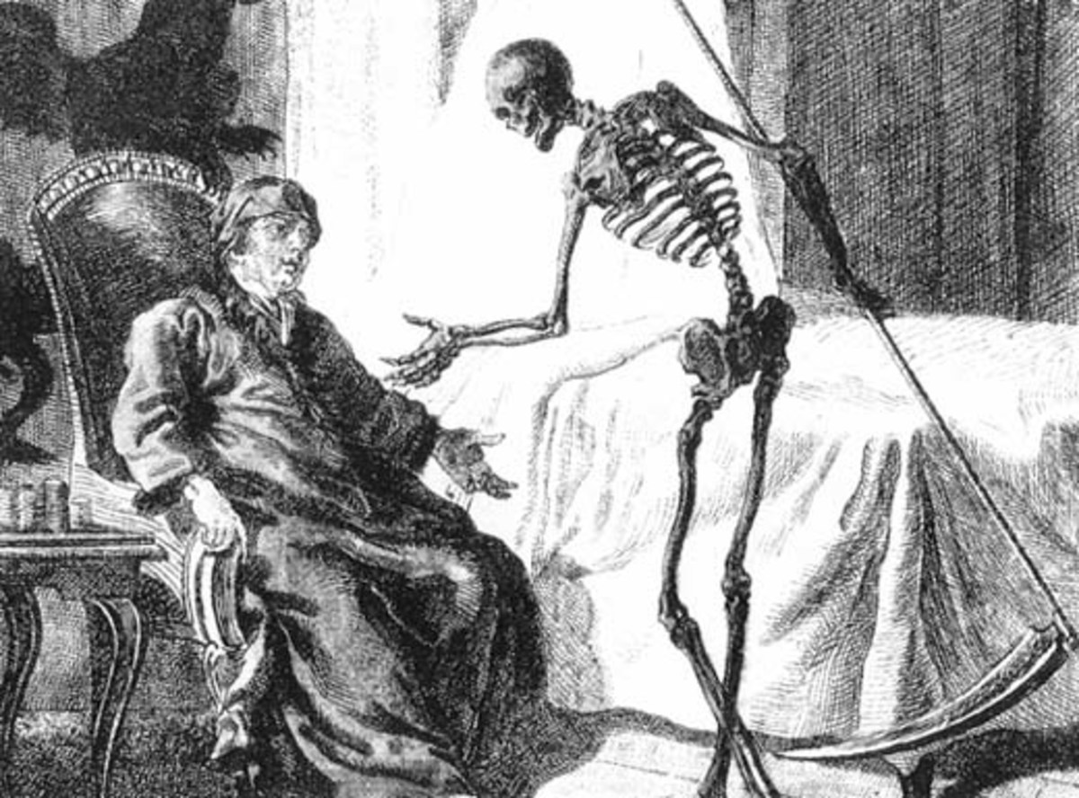 A  depiction of a skeleton about to wield his scythe.