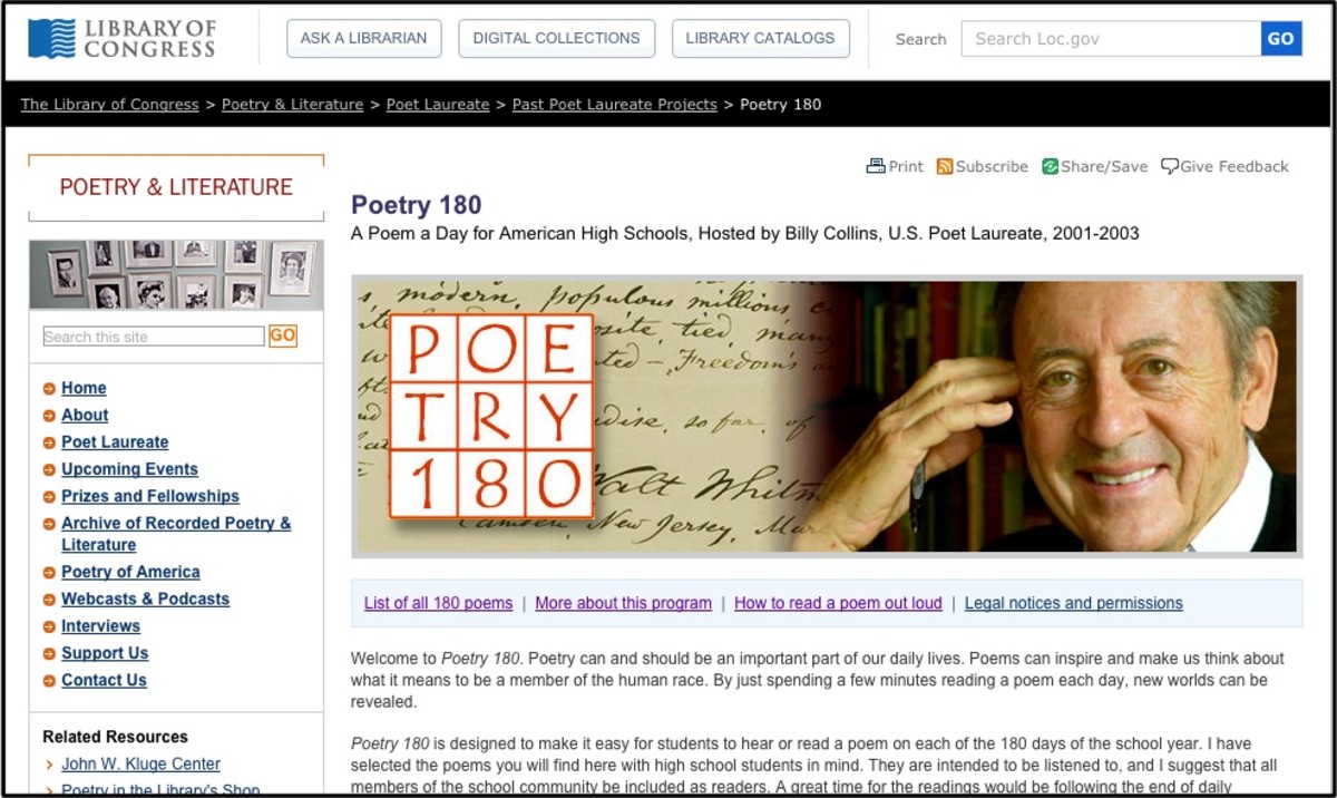 A screenshot of Poetry 180. This site provides a poem a day for high school students.