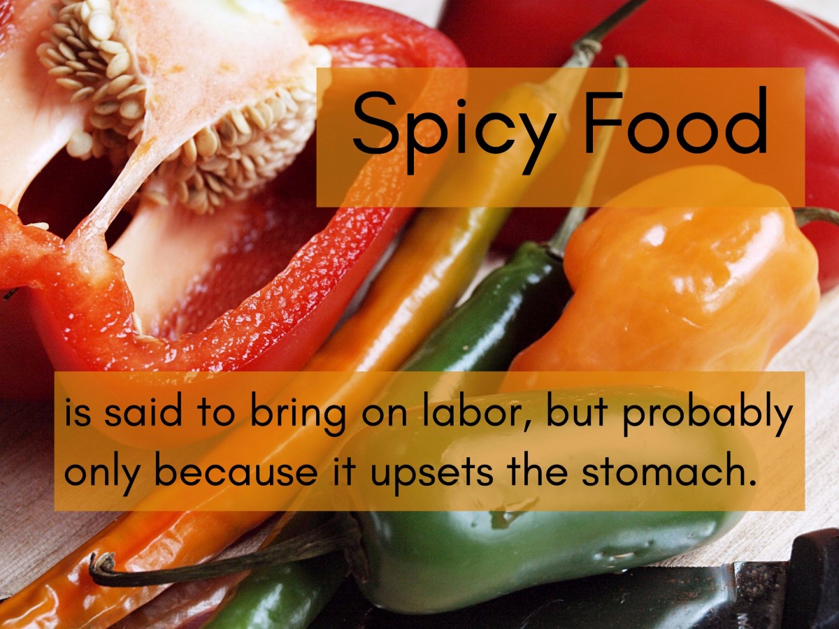 Spicy food is one of those "old wives tales" that turns out to be true. It can help induce labor, but perhaps only because it upsets the stomach. Not highly recommended! 