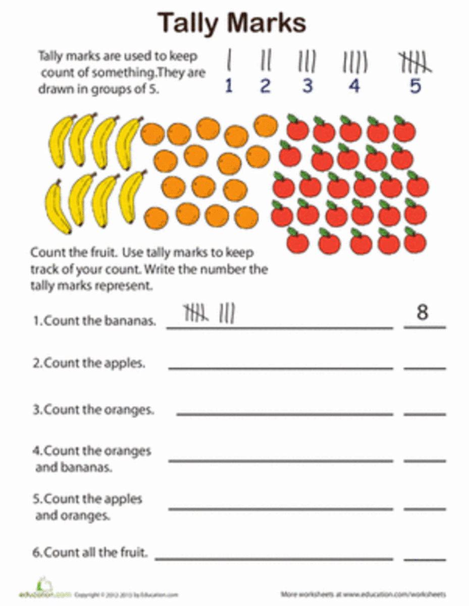 A second-grade level worksheet where kids tally fruit and then use their tally count to write the number.