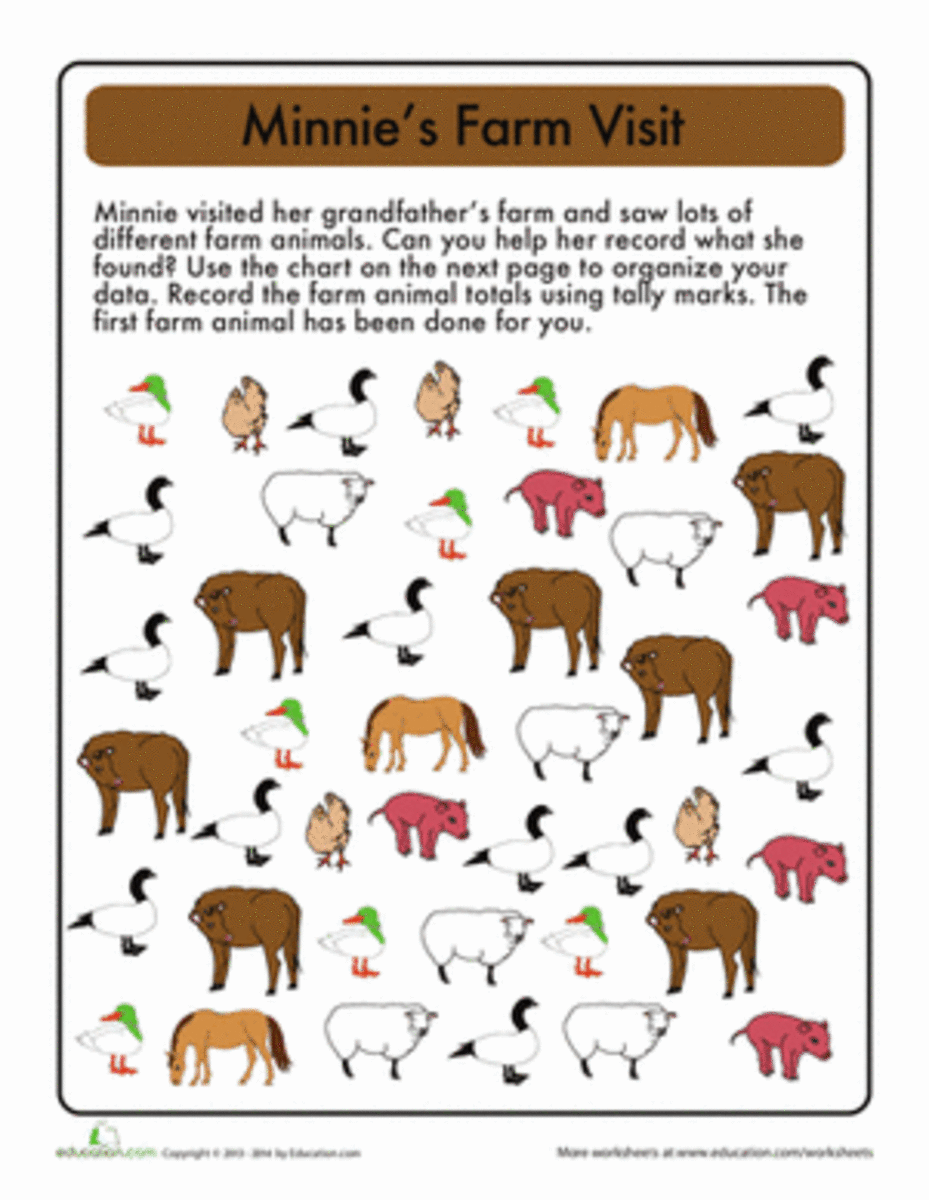 A first-grade level worksheet where kids keep track of animals on the farm with tally marks.