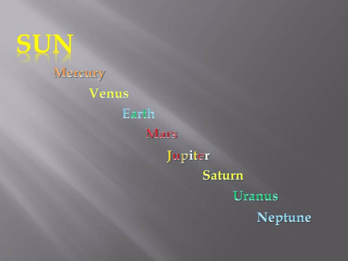 Planets in our solar system: Mercury, Venus, Earth, Mars, Jupiter, Saturn, Uranus, Neptune