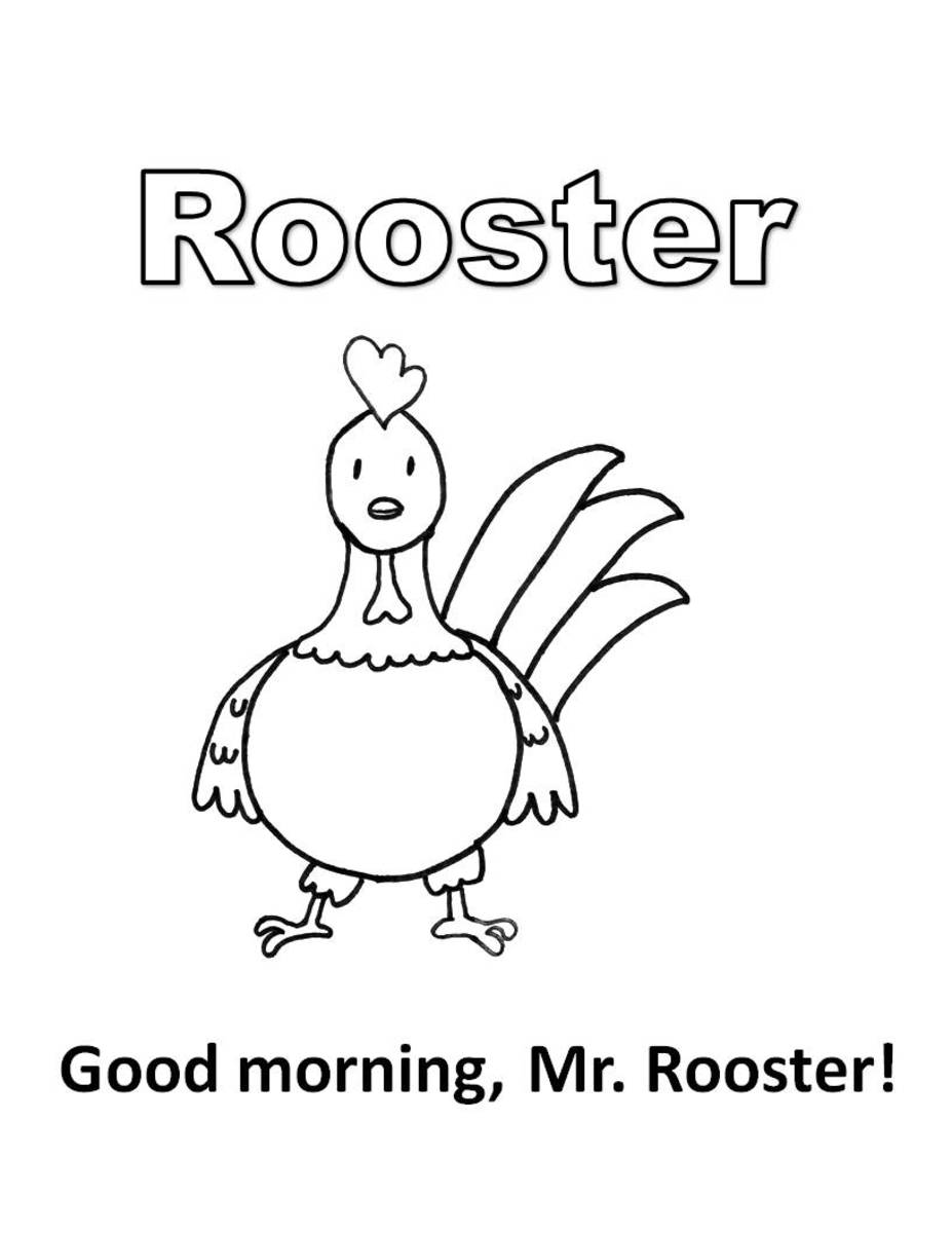 Coloring page for front view of cartoon rooster
