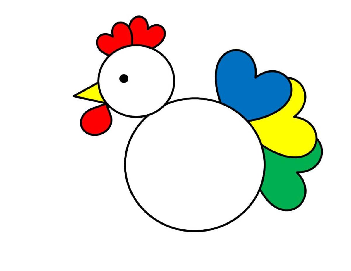 Hearts and circles rooster, assembled, with tail in blue, yellow, and green