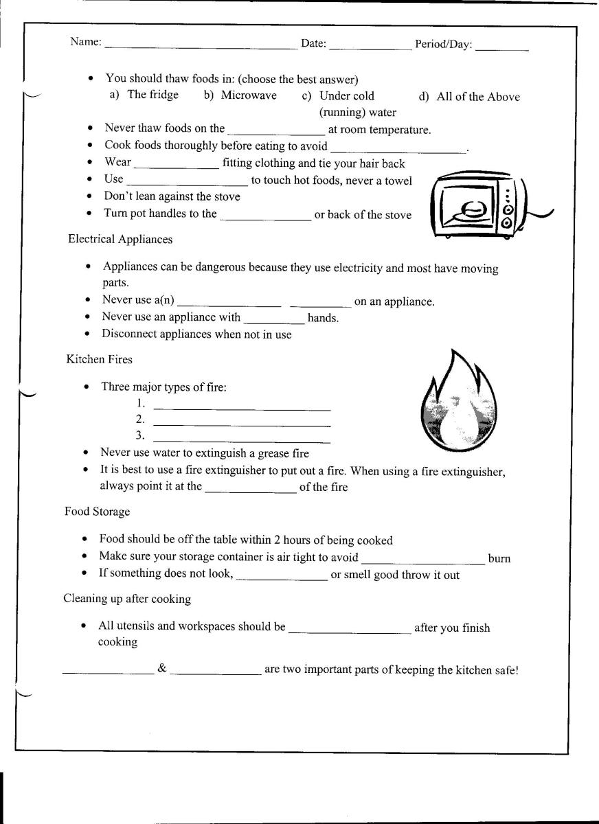 An example of a kitchen safety worksheet.