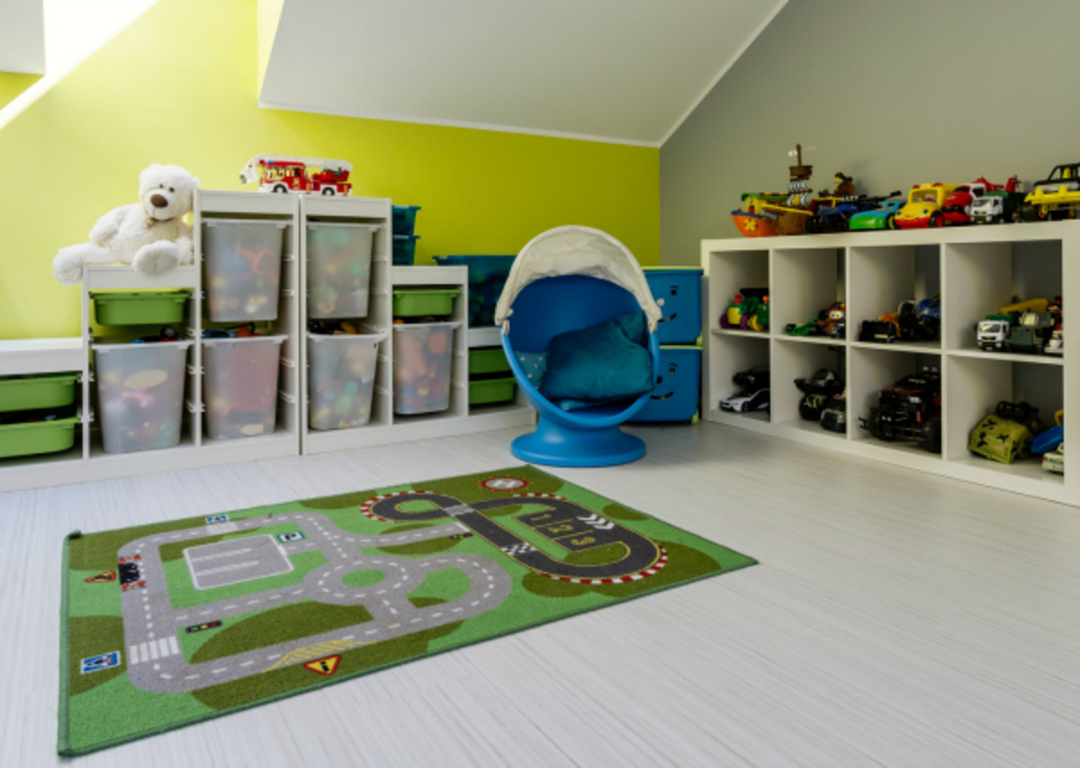 Open shelving and clear storage bins are great options for organizing toys.