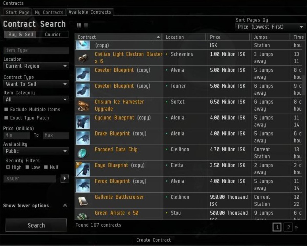 Some of the contracts that can be found in "EVE Online."