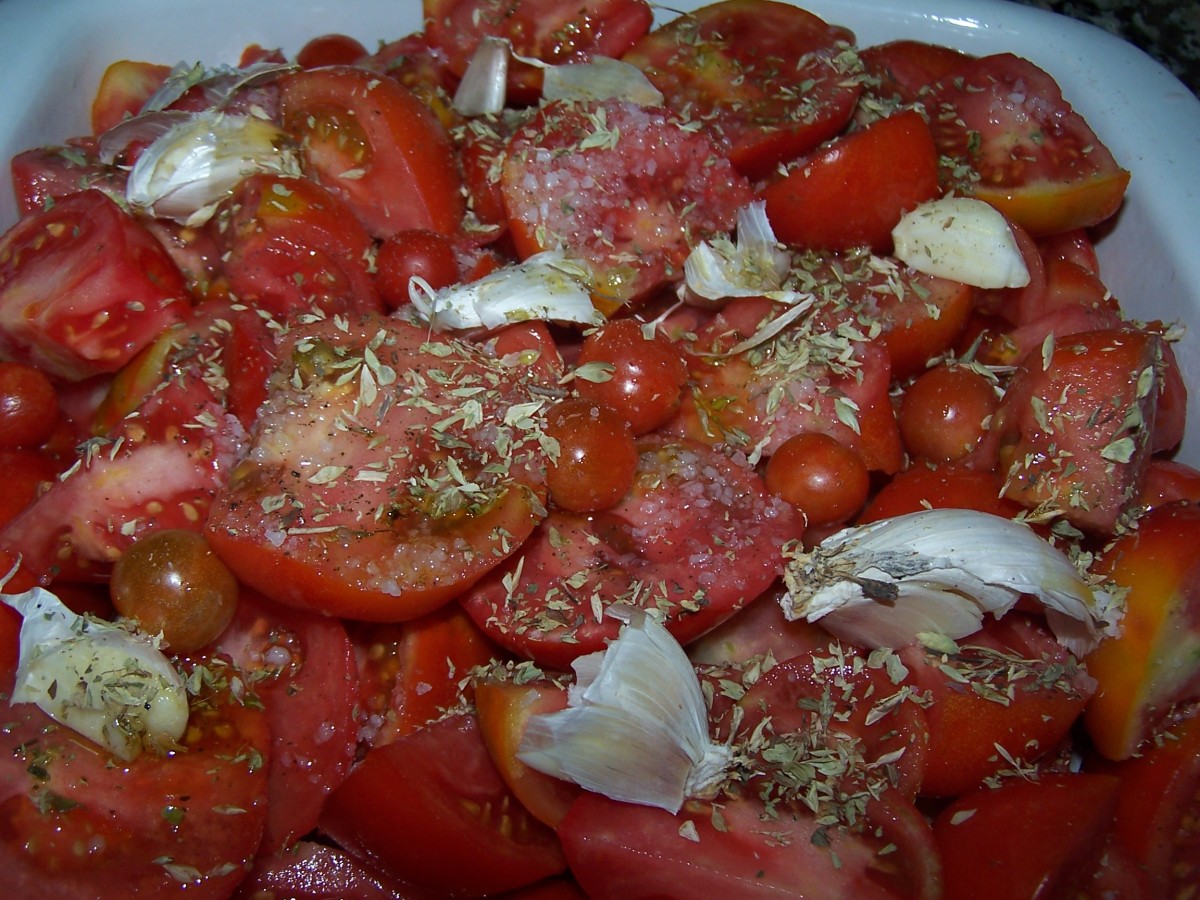 Step one: Mix tomatoes, garlic, seasoning, oregano, basil and olive oil together.