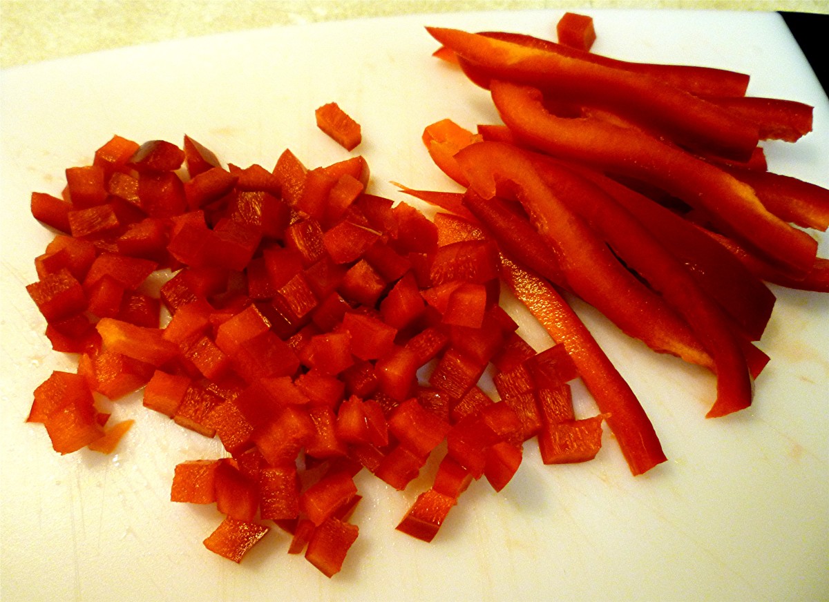 Red pepper being prepared for Gazpacho 