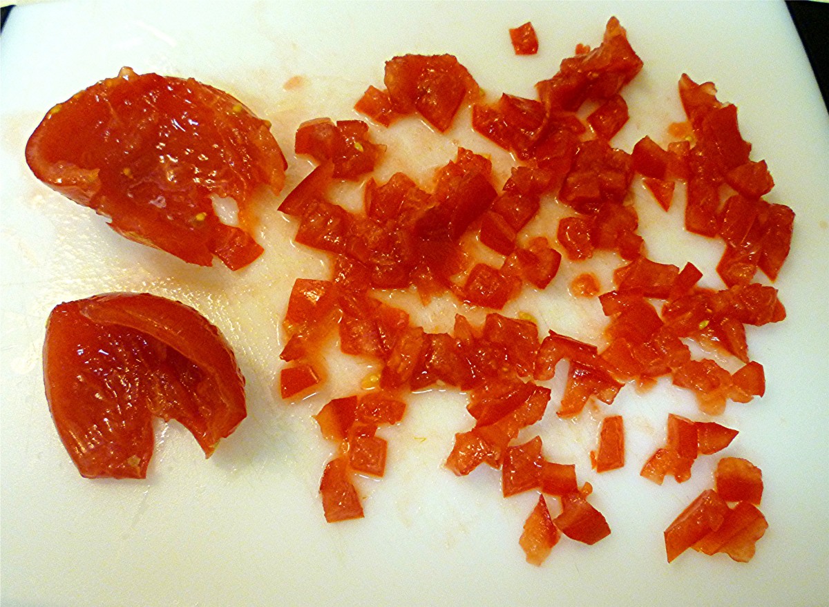 Tomatoes being chopped for Gazpacho 