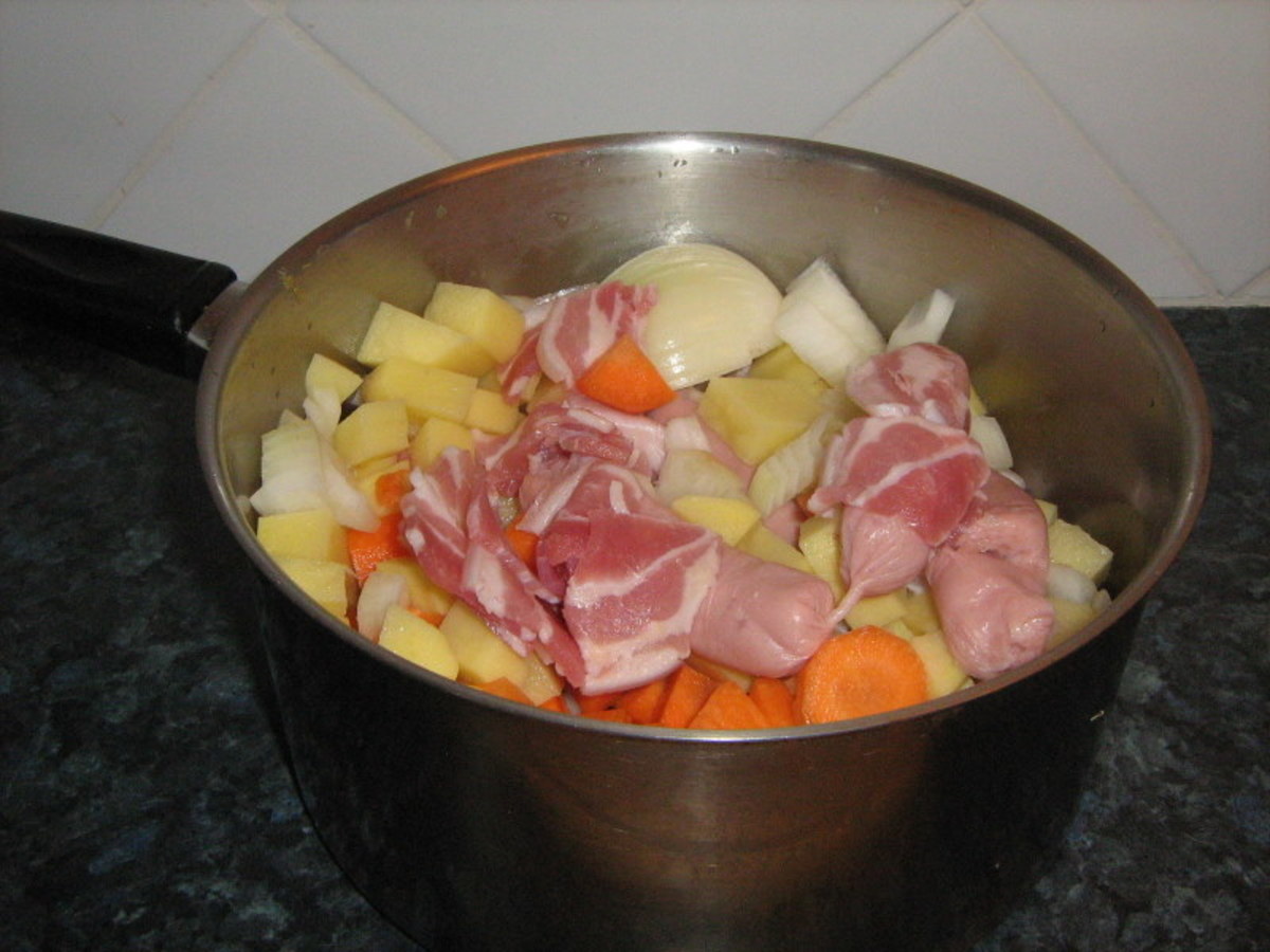 Cut up the bacon rashers into cubes and add to the pot.