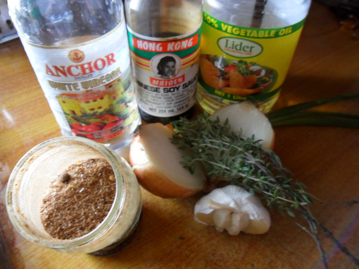 Some of the ingredients for brown stew chicken.