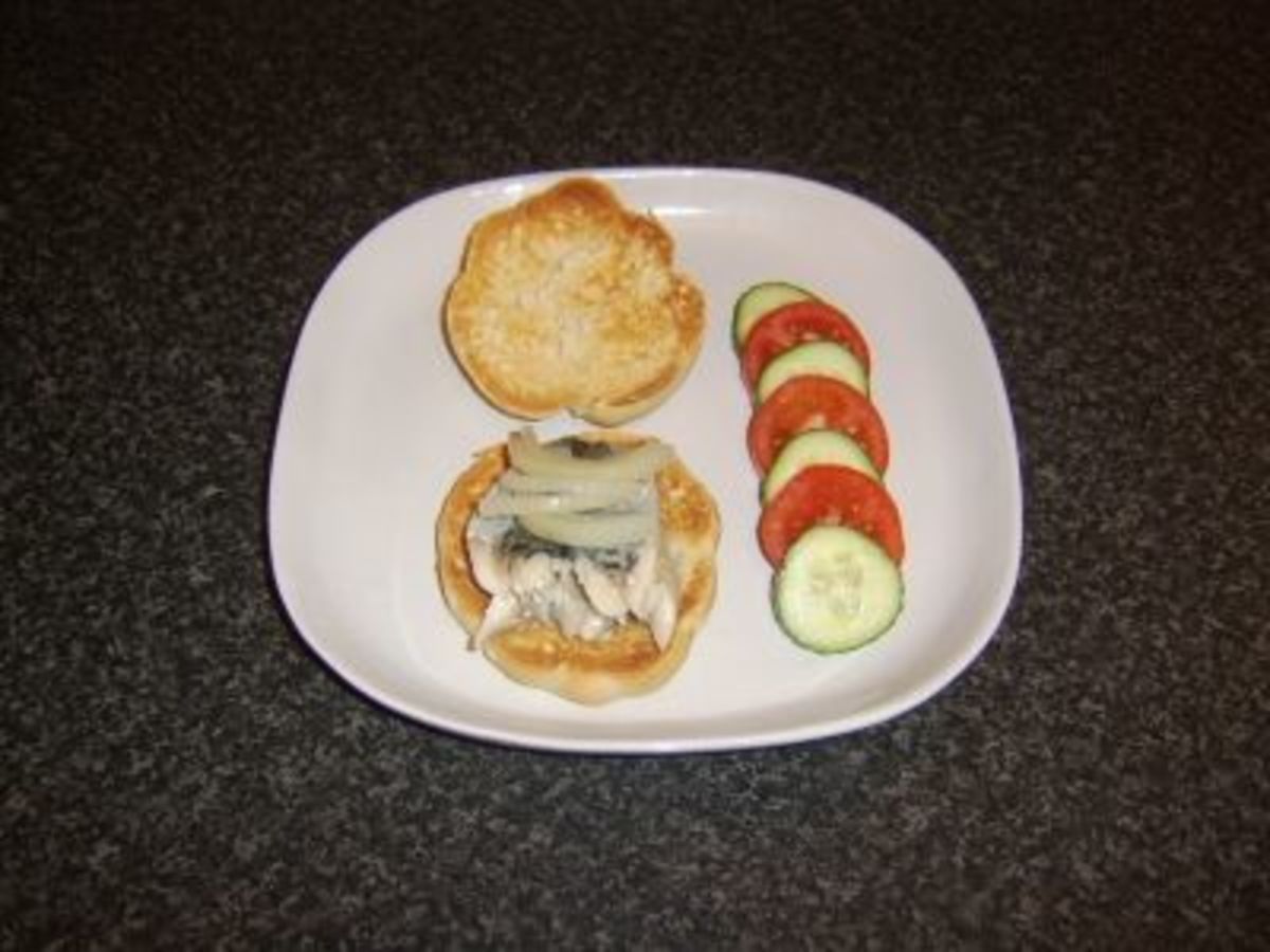 Poached Mackerel Fillet and Onion on Bread Roll