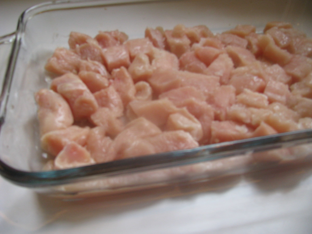 Slice chicken into bite sized pieces and place in a 9x13 baking dish
