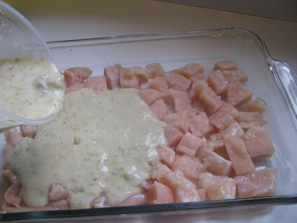 Mix the cream soup with a little water or mild and pour the cream soup over the chicken in the baking dish.