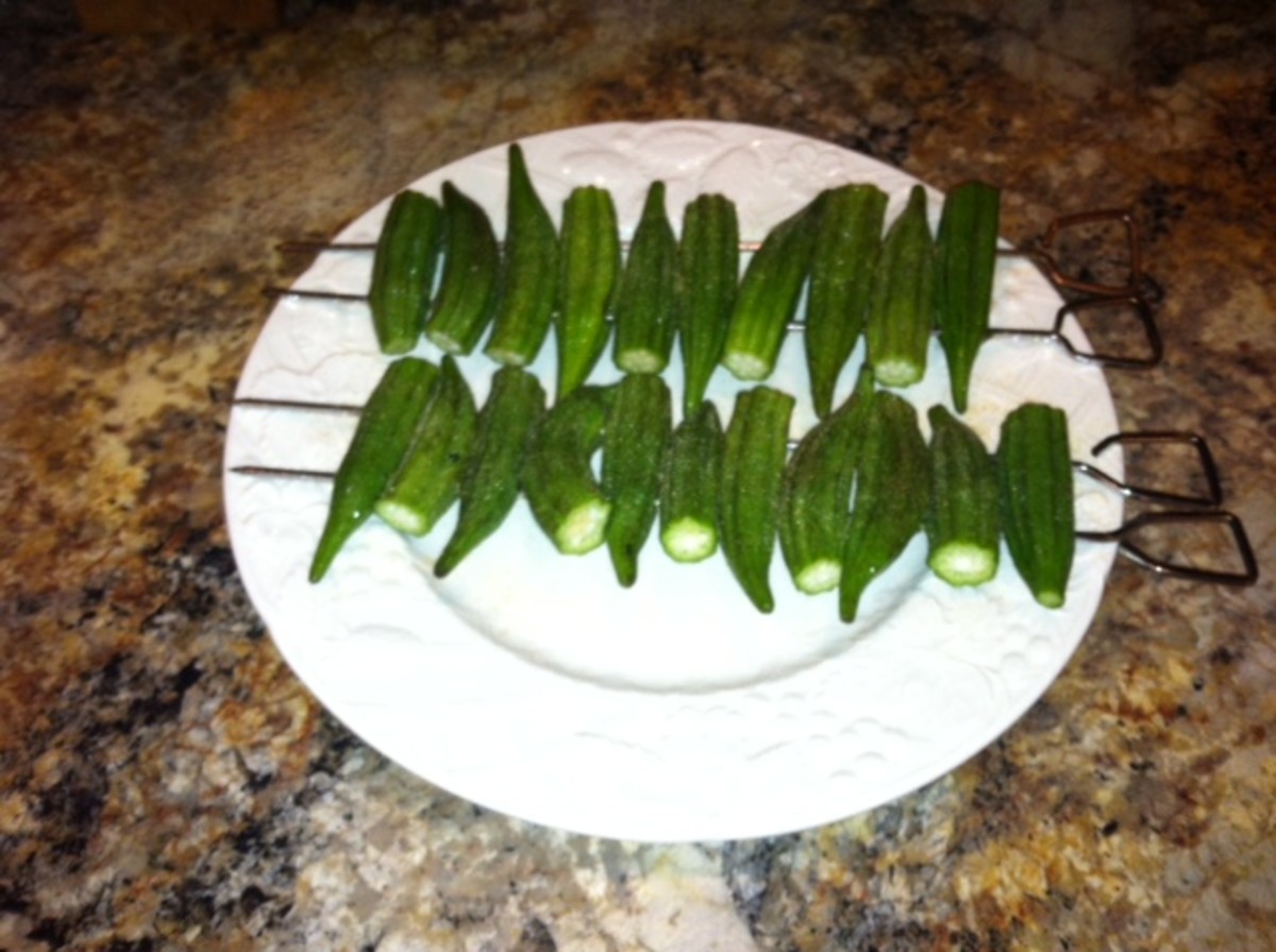 Skewered Okra Ready for the Grill