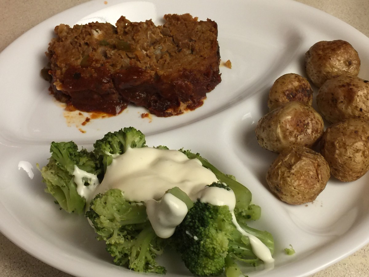 Naomi's meatloaf with broccoli and Schwan's Baby Baker potatoes
