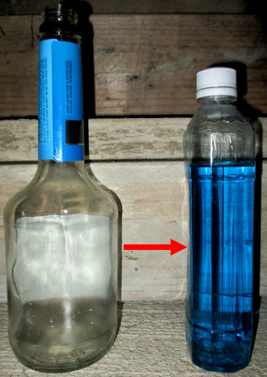 Since most of the liquor/liqueur bottles you buy from the store are awkwardly shaped and made of fragile glass, you may wish to transfer their contents into 750 ml tall, flat plastic bottles (which some alcohols are sold in) for greater efficiency. 