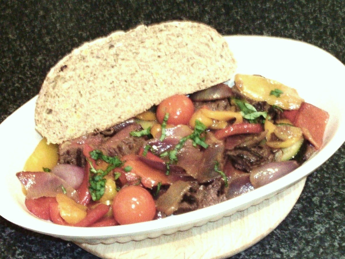 Griddled kangaroo steak is chopped and mixed with an assortment of roasted Mediterranean vegetables