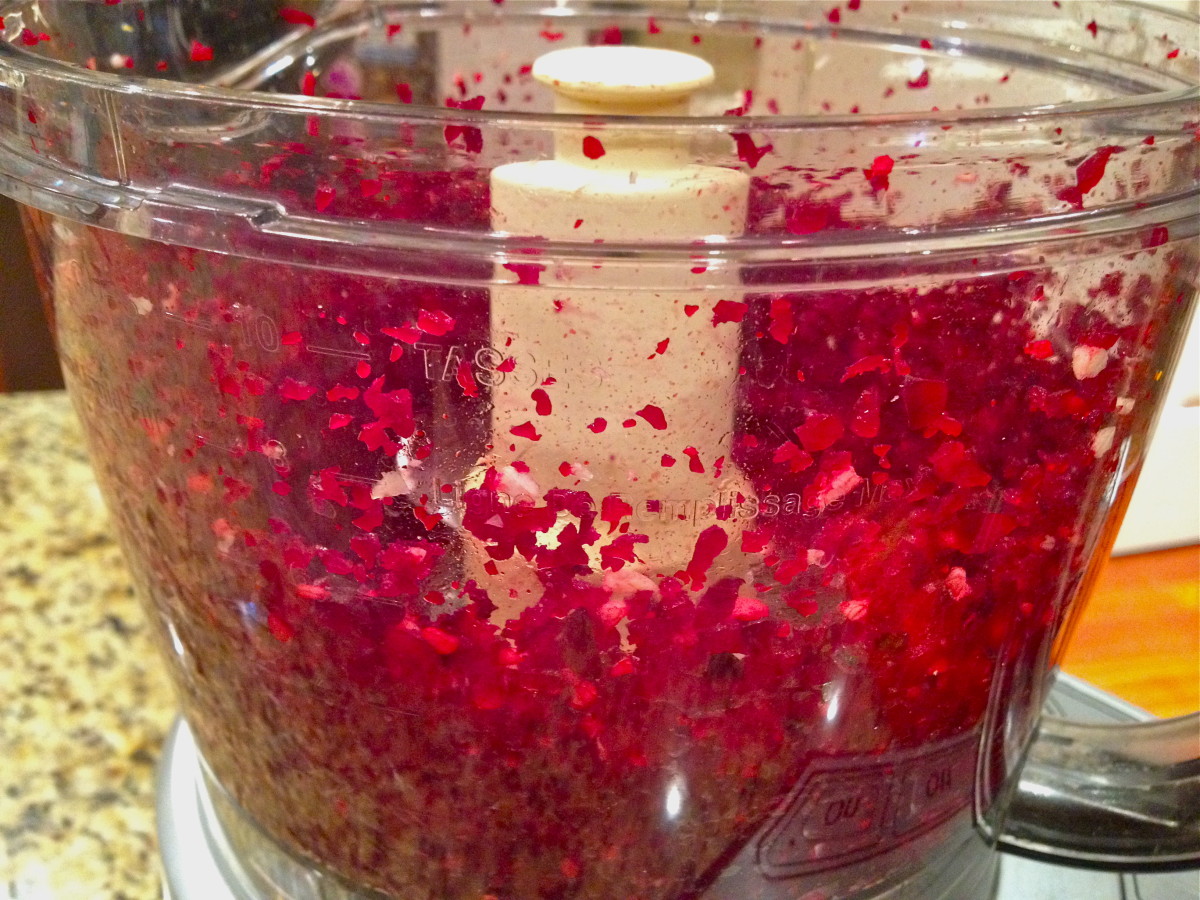 Add diced roasted beets and process until finely chopped.