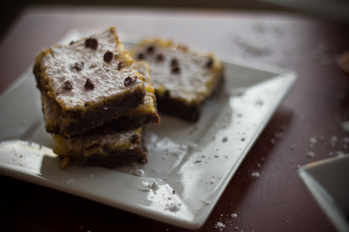 A plate of freshly baked orange chocolate squares.