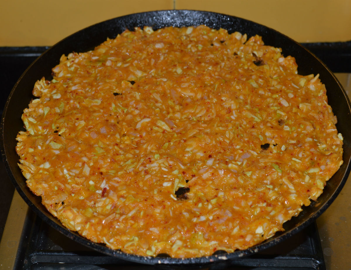 The mixture spread out on the pan.
