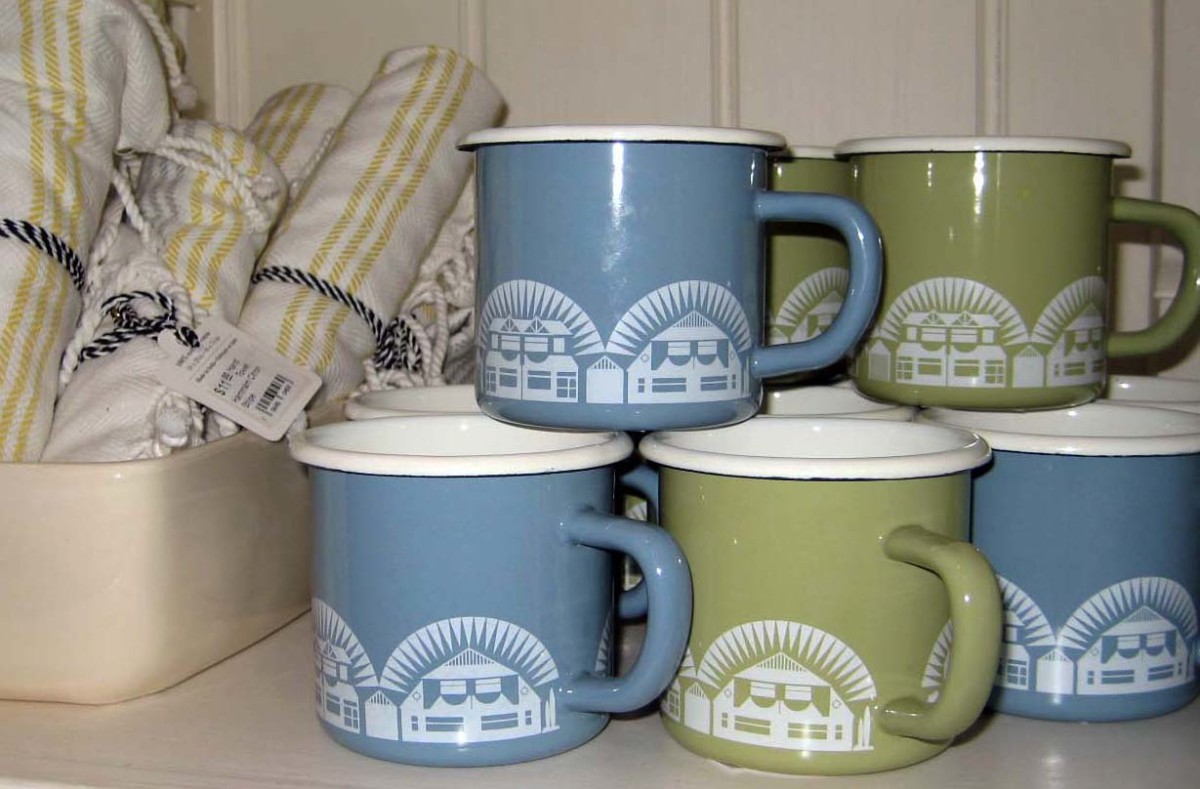 New enamelware mugs on display.