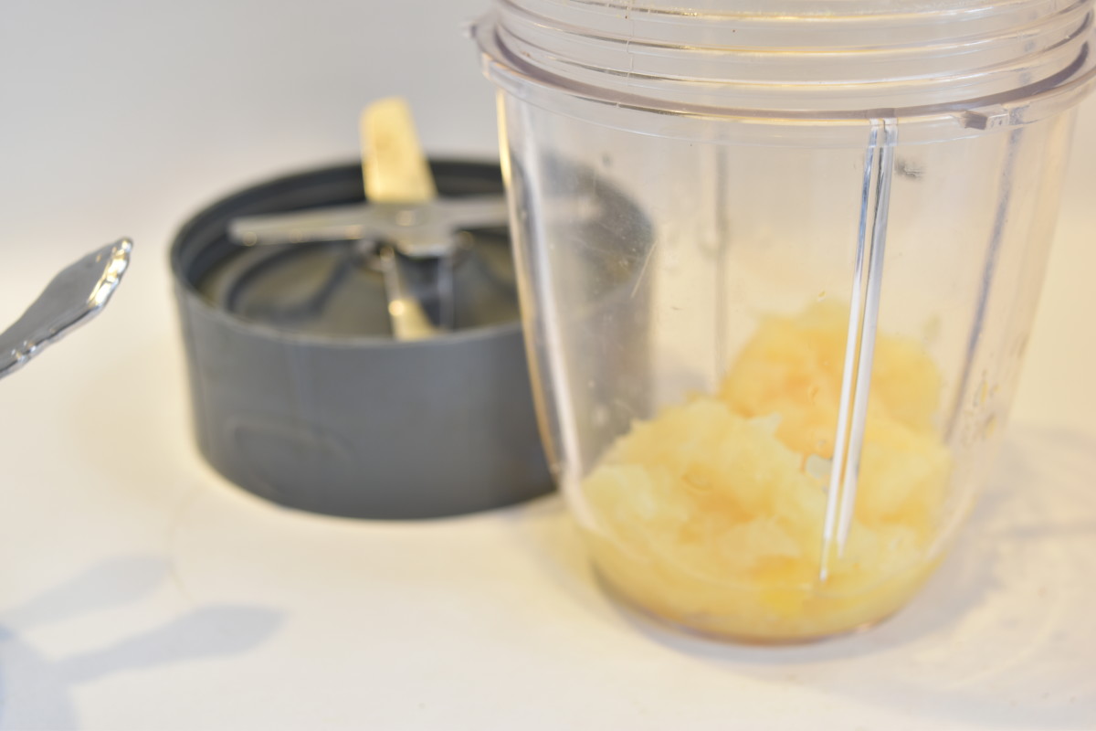 Step 5: When cool, add the gelatin mixture to the pineapple and process in a Nutribullet or small food processor until smooth. Start by putting the pineapple in the Nutribullet.