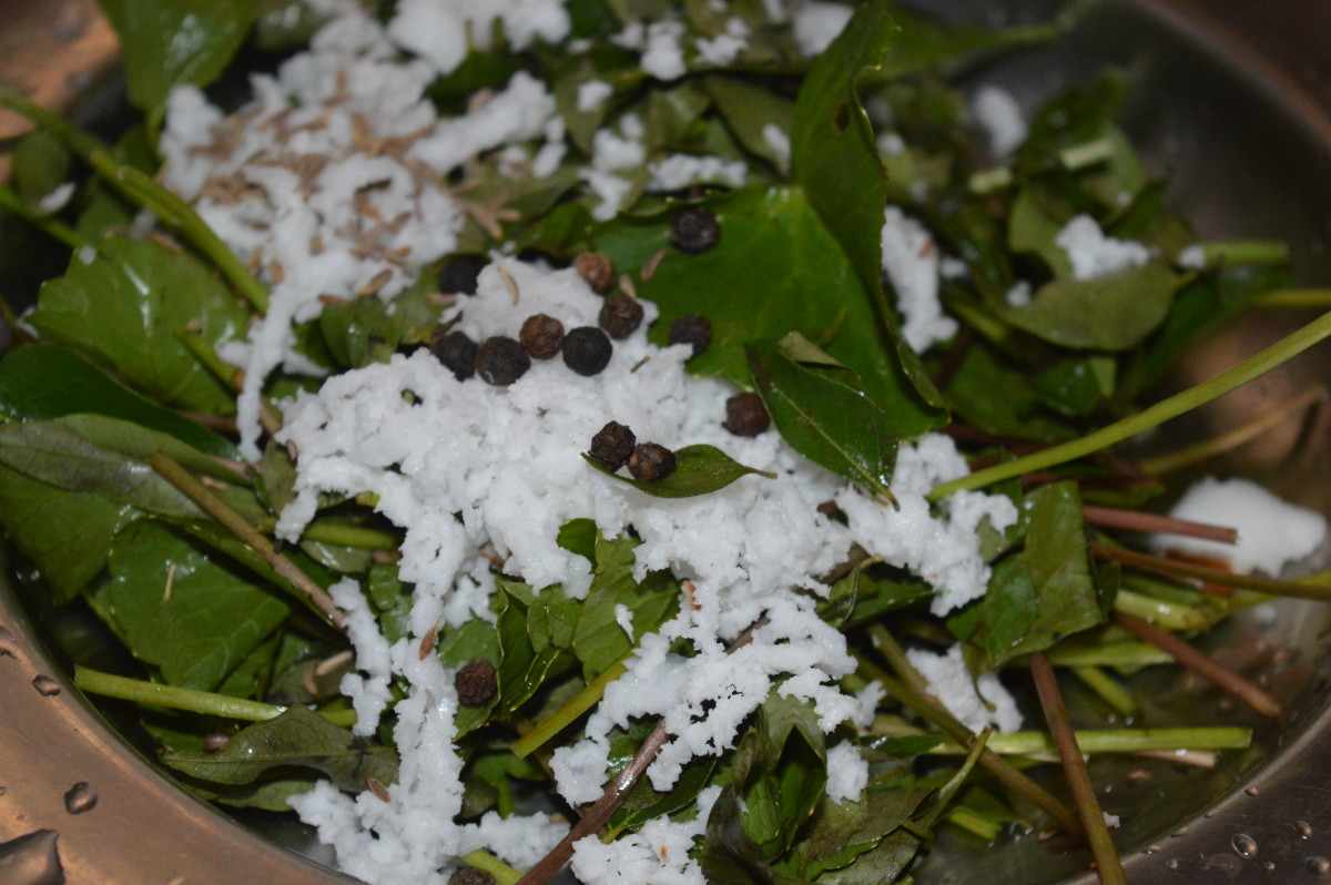Step one: Brahmi and curry leaves mixed with coconut, cumin seeds, salt, and peppercorns to make a smooth paste.