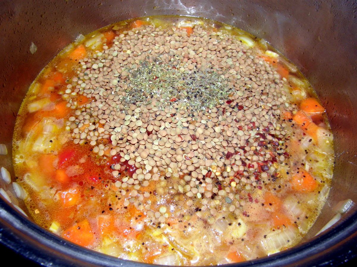 Add in lentils, basil, oregano, thyme, rosemary, chili powder, crushed red pepper, lemon juice, salt, and pepper. Taste and add more seasonings to your liking.