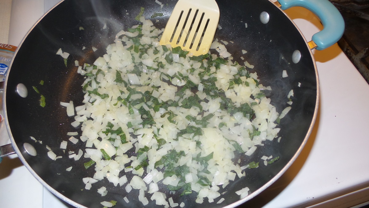When rice is almost done simmering, Cook onion and sage in butter and oil over medium high heat for about 5 minutes.
