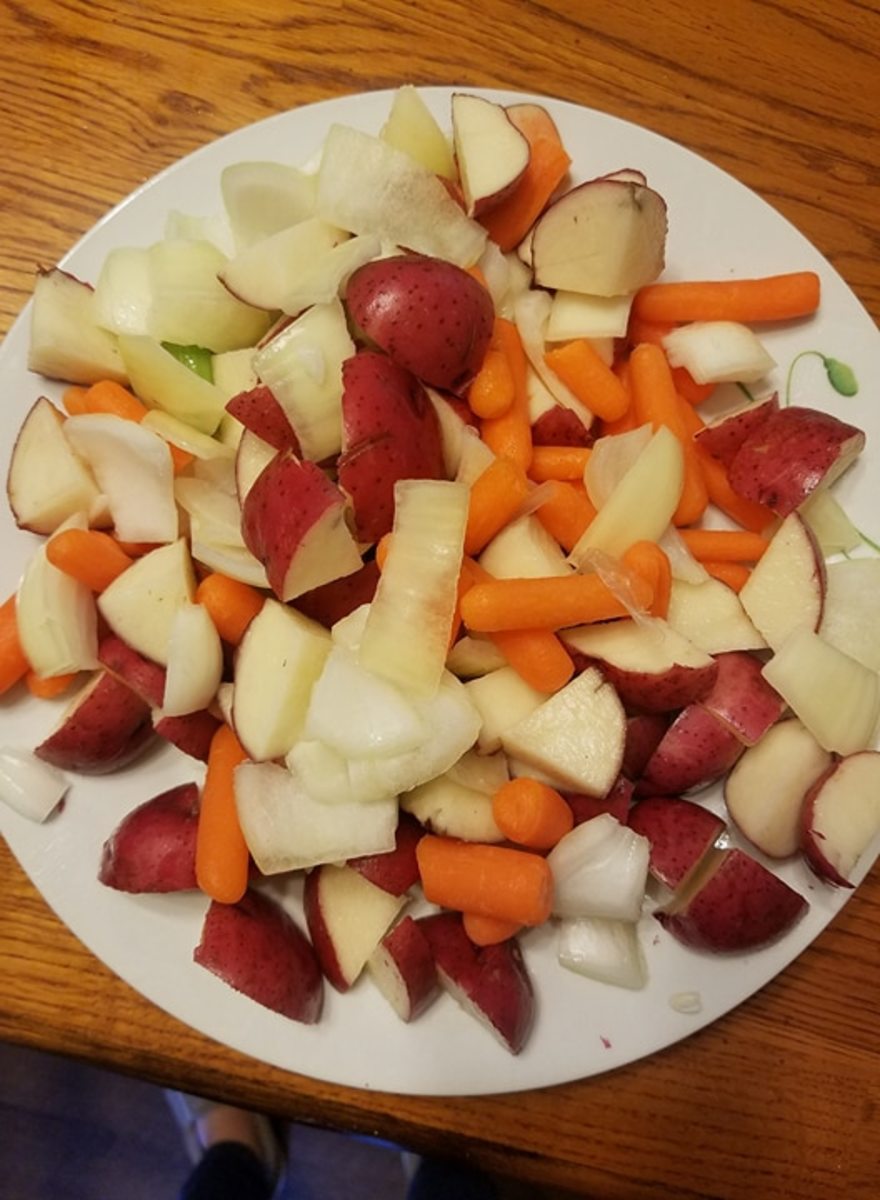 Chopped potatoes, onions, and carrots.