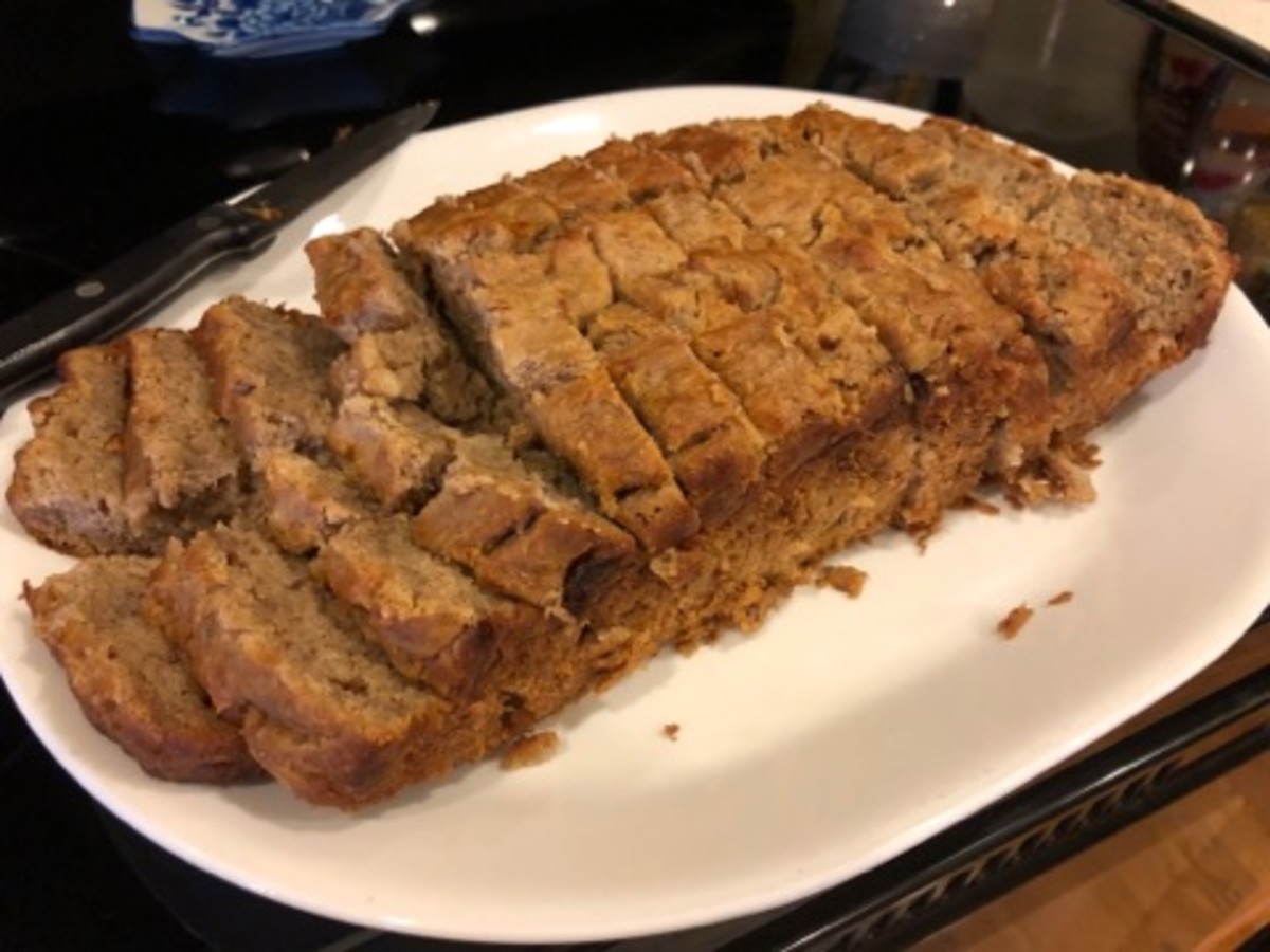 The loaf of banana bread after slicing.