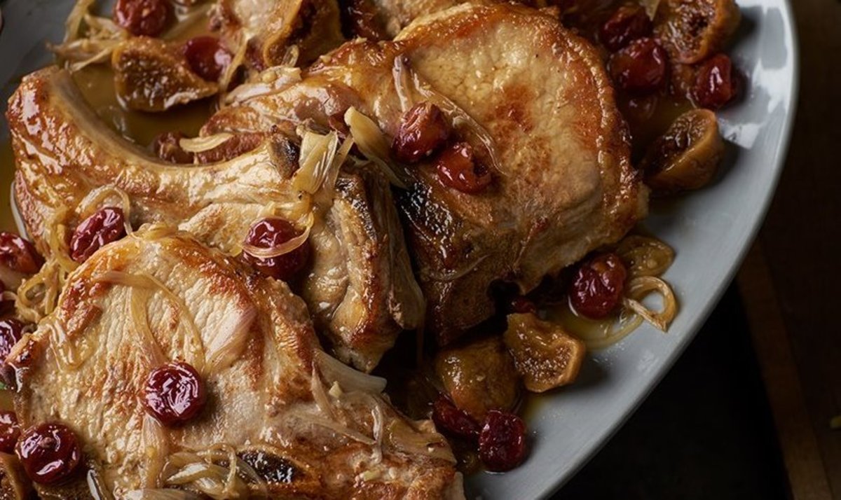 Pork chops with brandied fig and cherry sauce
