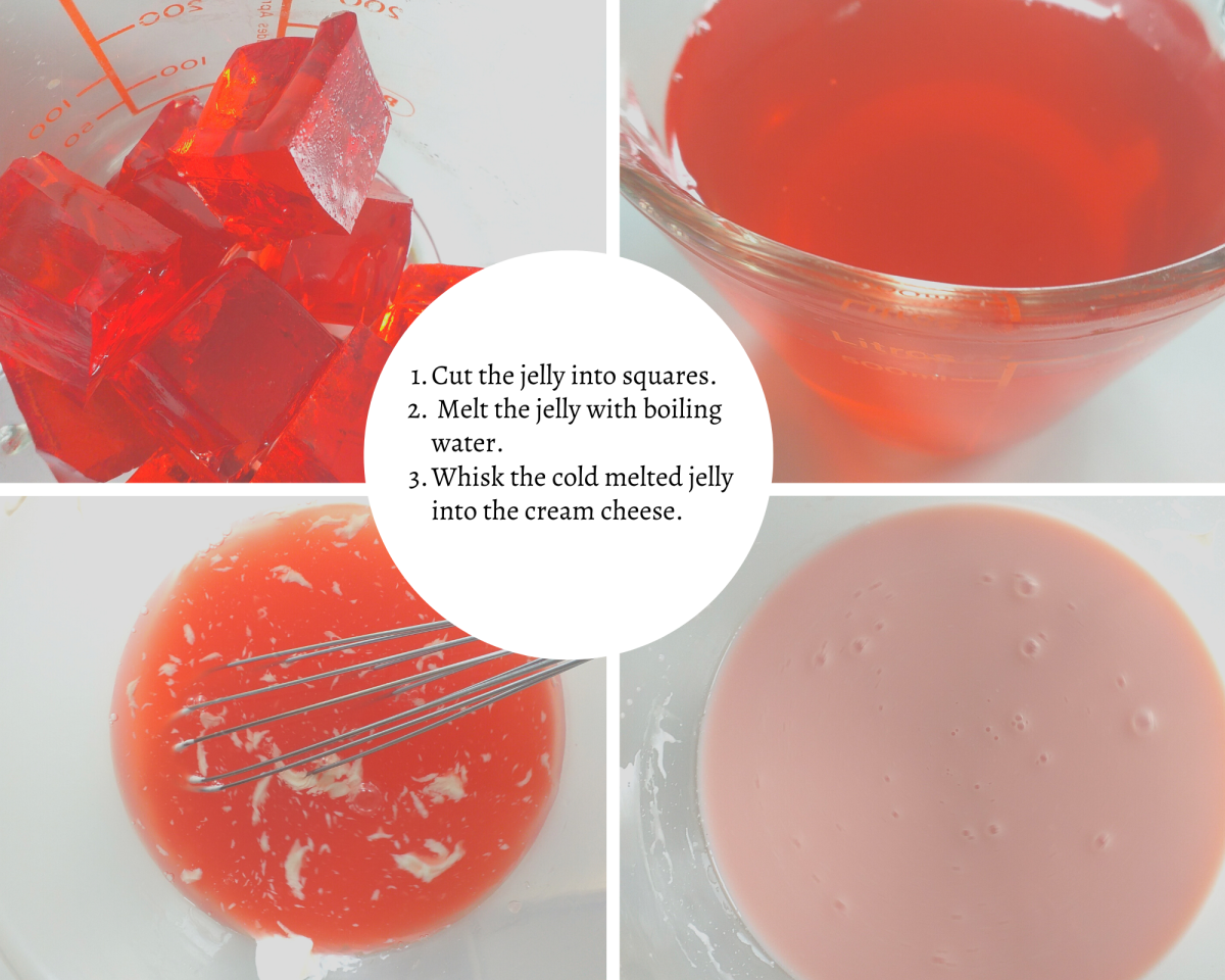 Cut your jelly into pieces and once it is dissolved whisk it into your cream cheese.