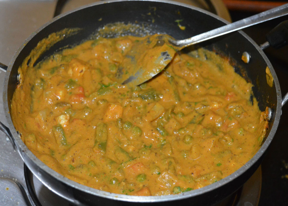 Your favorite paneer vegetable kurma (curry) is ready to serve! Transfer the curry to a serving dish.