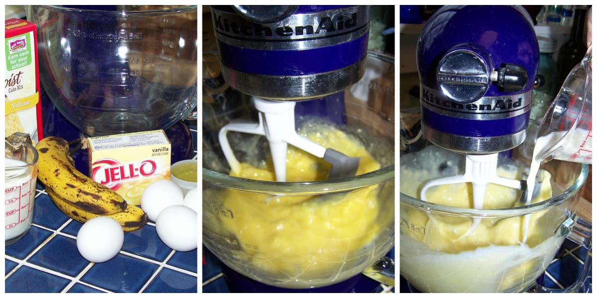 Mix banana with eggs and add water, oil, or milk .