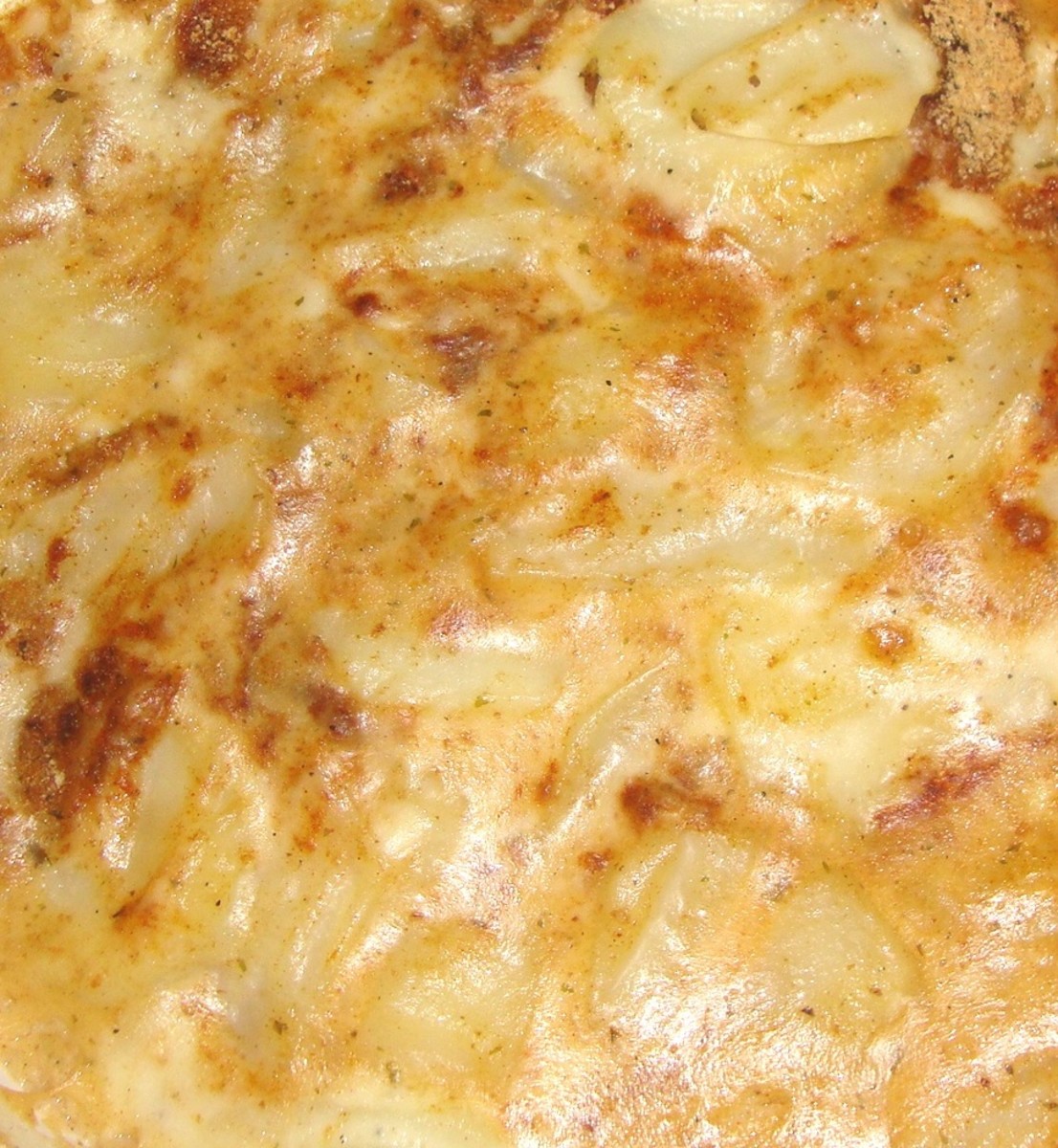cooked white sauce on scalloped potatoes