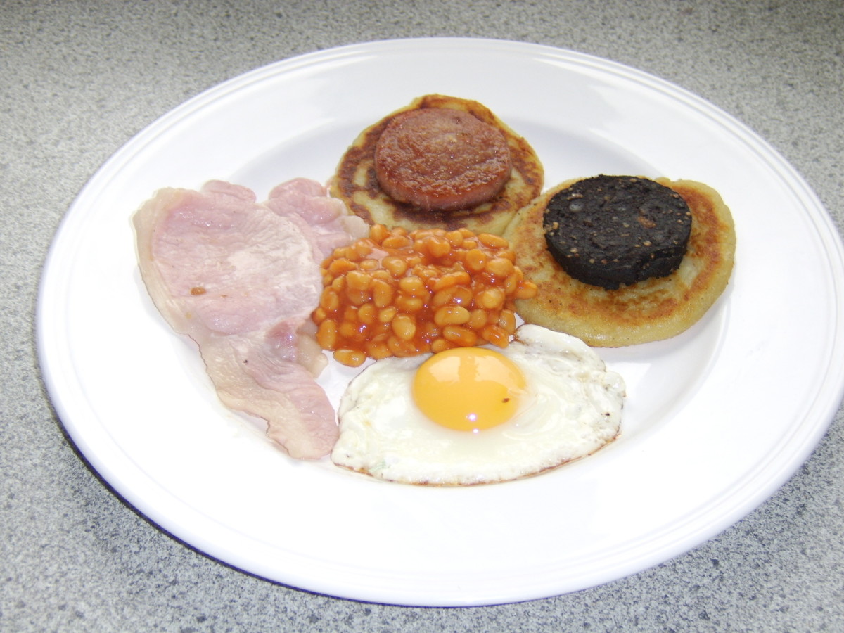 The traditional full Scottish breakfast may include sausage, black pudding, tattie scones, bacon, eggs and baked beans.