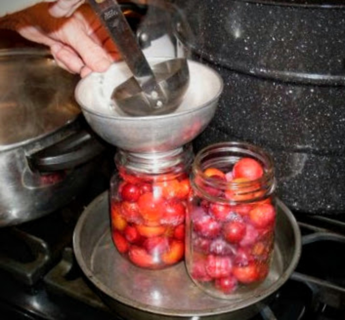 Using a canning funnel, if desired, ladle hot syrup into hot jars, leaving 1/2" headspace.