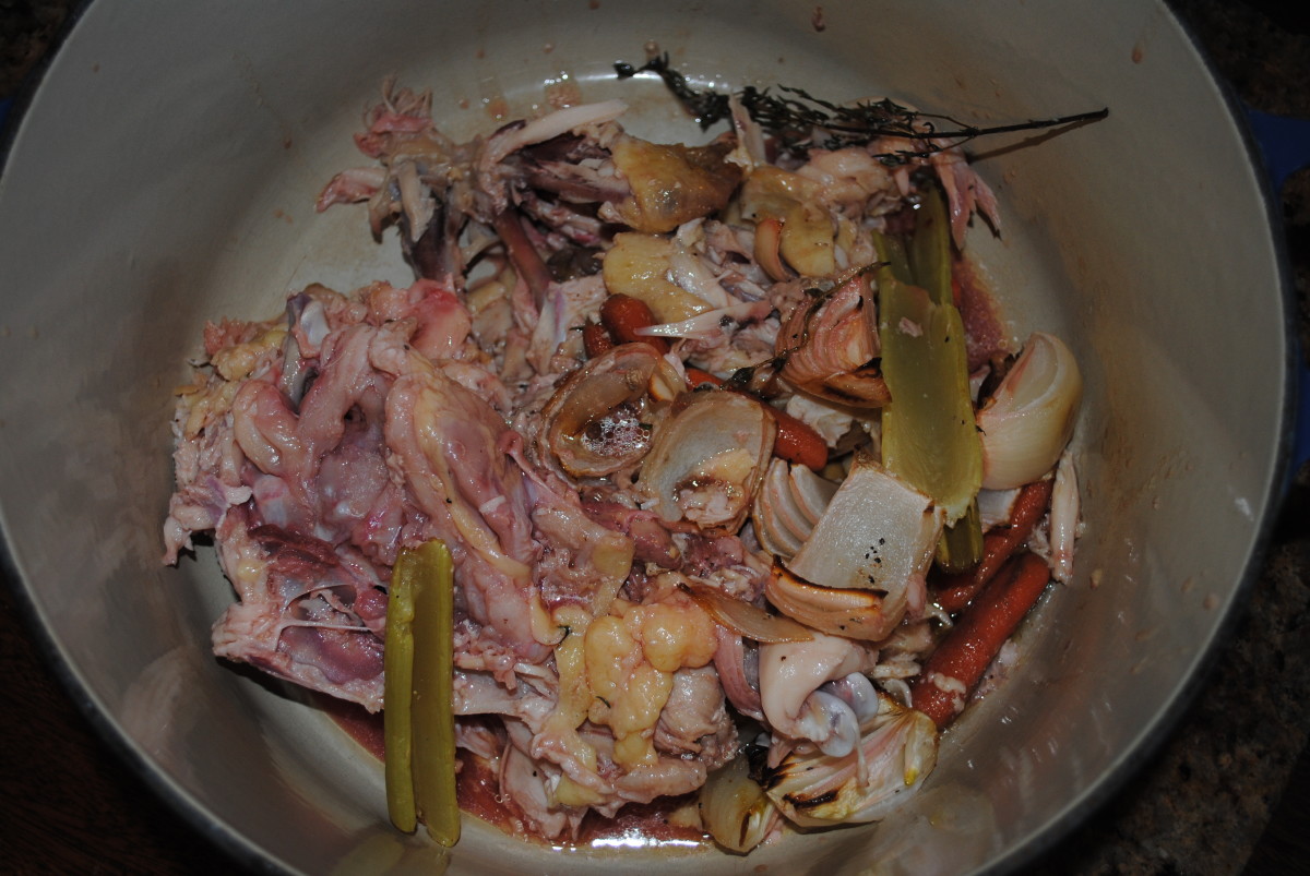 Everything else - the bones,skin and roasted veggies go in a stockpot.