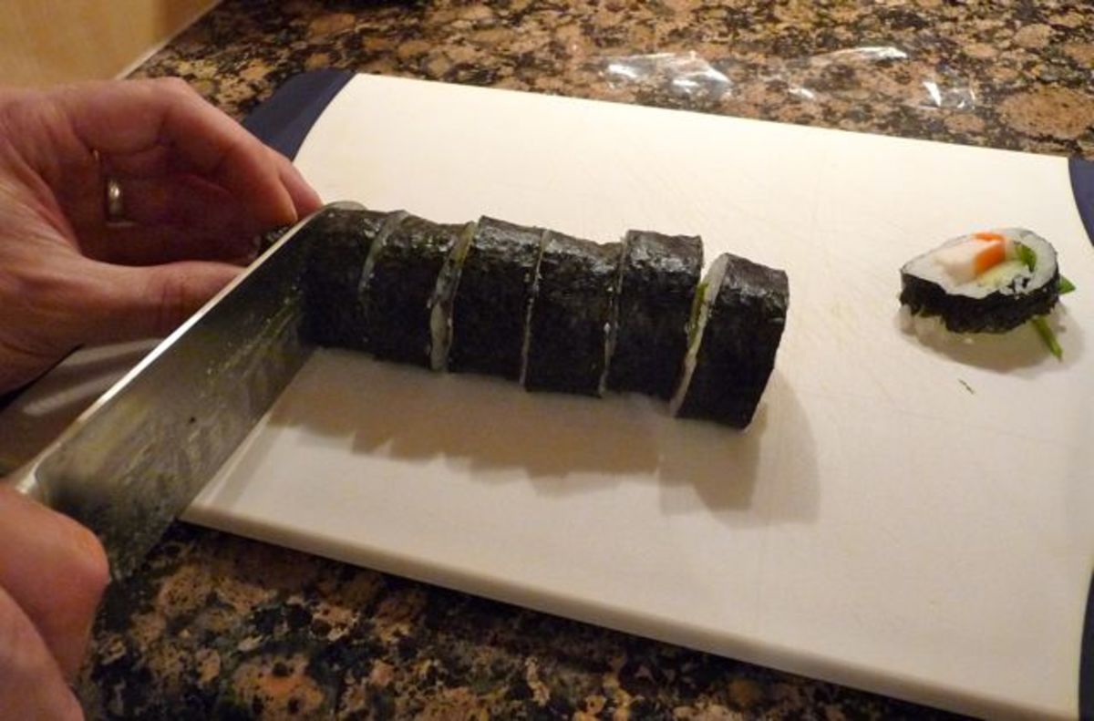 Slice the roll into bite-sized pieces with a sharp knife.