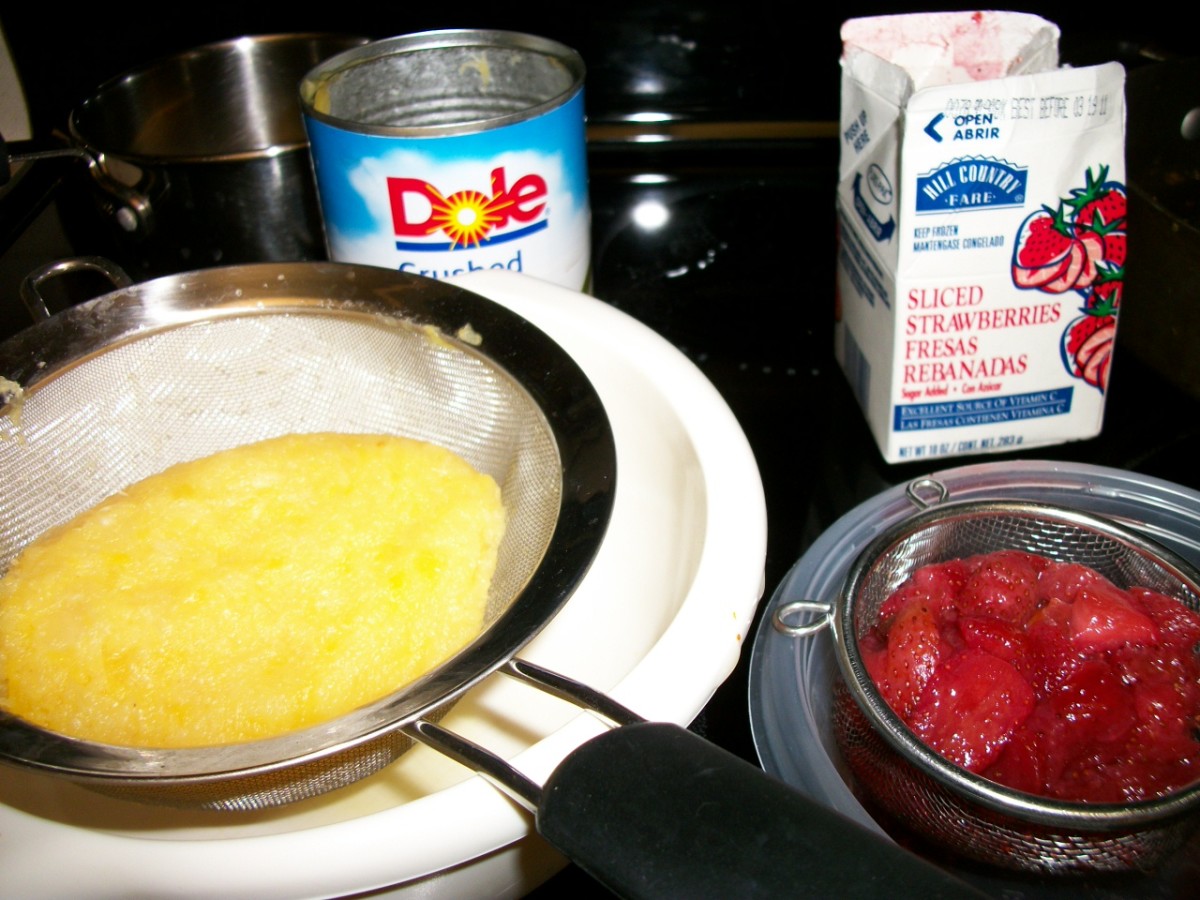 The ingredients for strawberry pineapple sherbet: Drained crushed pineapple and frozen sliced strawberries.