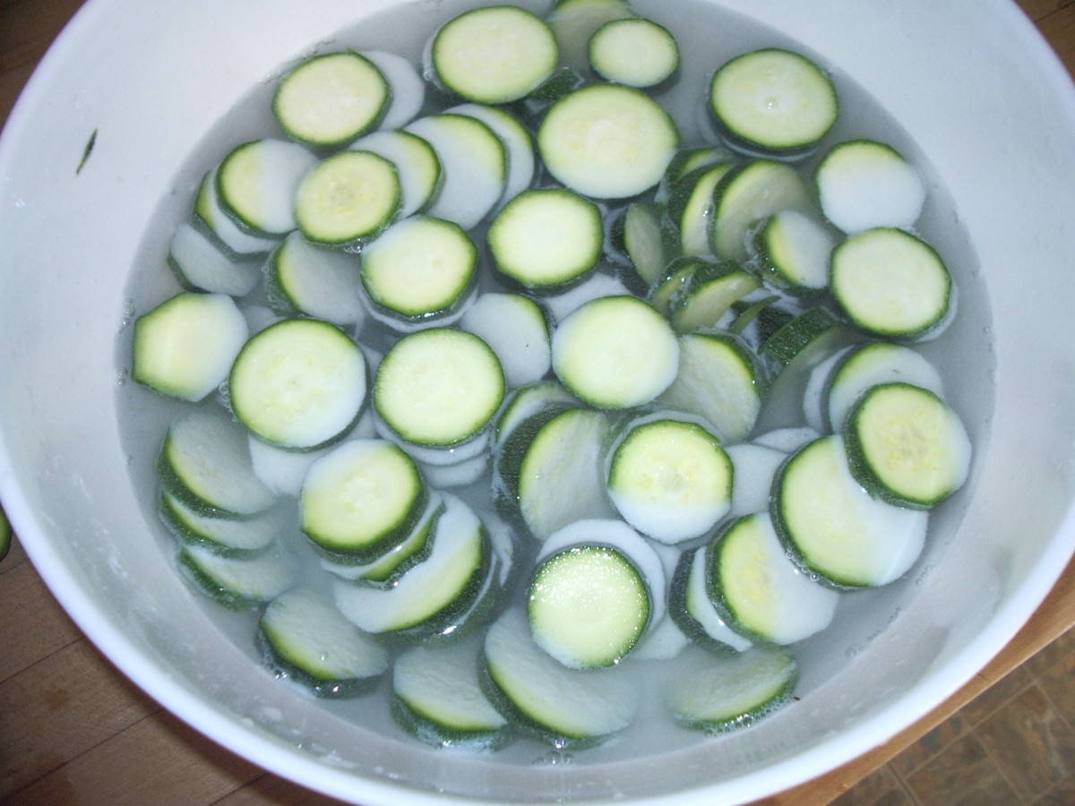 This is what the zucchini look like while soaking in the lime water.