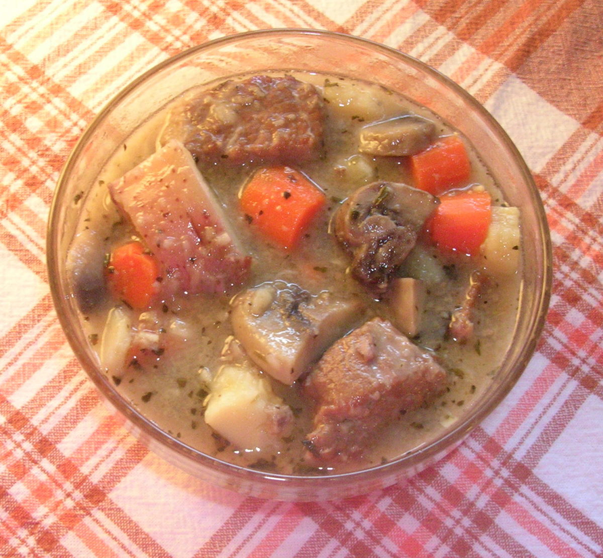 A bowl of the finished beef stew.