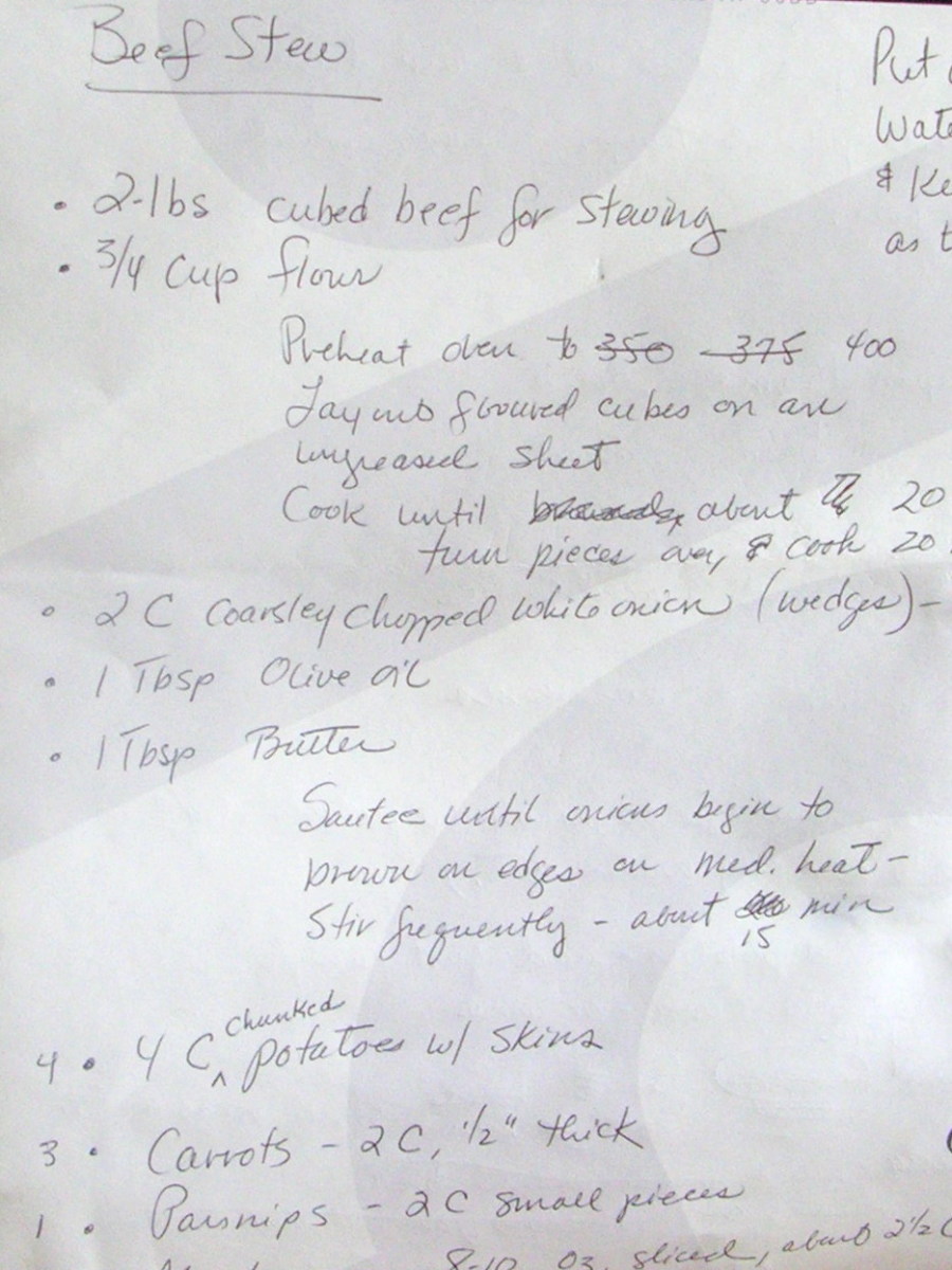 These detailed notes show the order in which I created the beef stew. The organization and format of this first draft will change dramatically by the time the recipe is finally written.