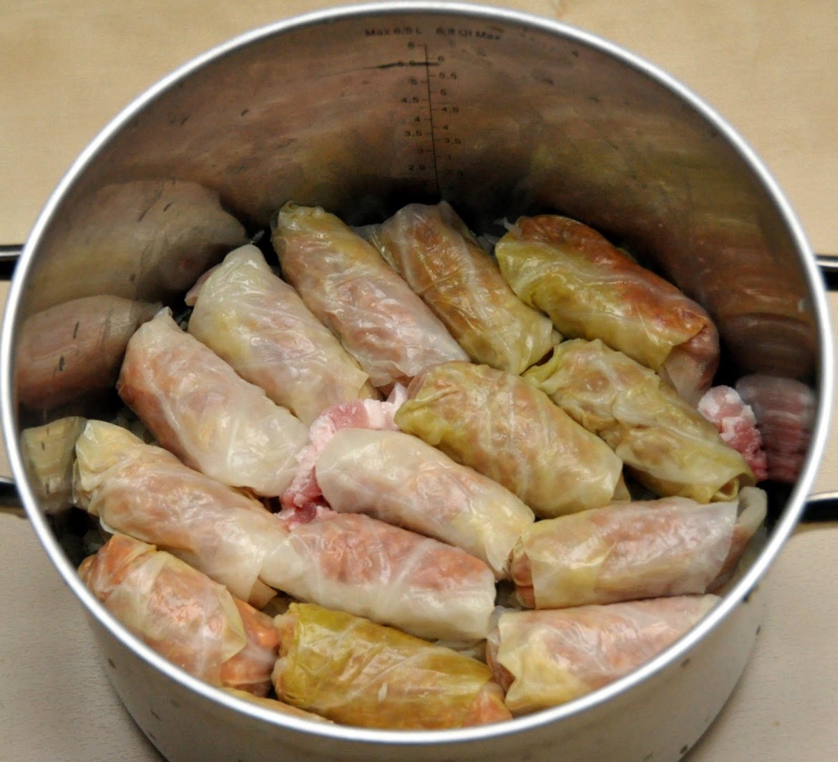 Place the stuffed cabbage rolls in the pot.