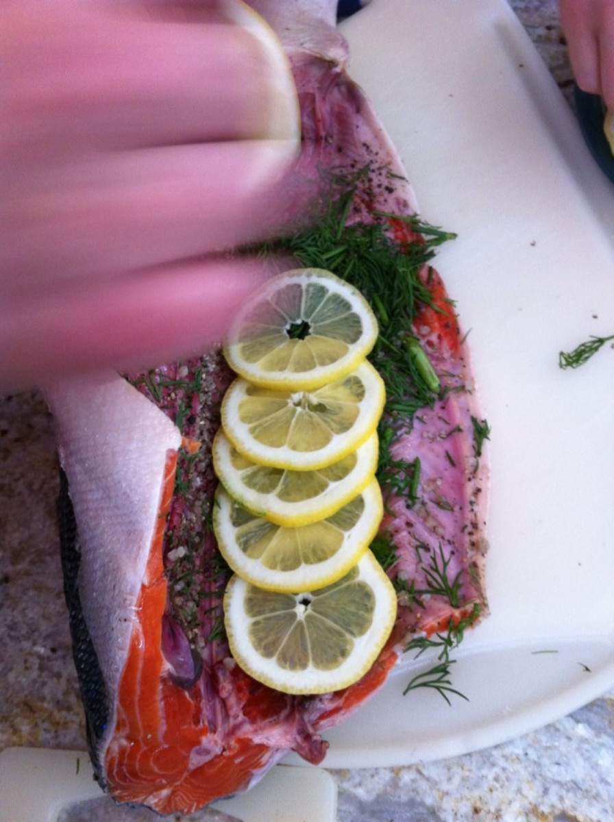 Lemon and dill on the inside of the salmon