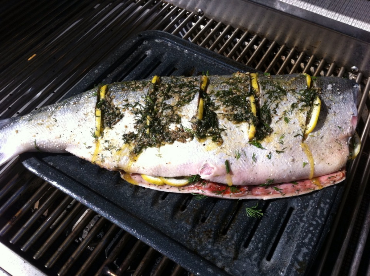Whole salmon on the grill